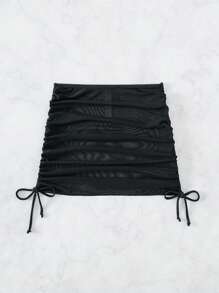 SHEIN Swim Summer Beach Drawstring Side Mesh Overlay Skirt - Black - View 5