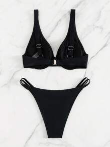 素色帶鋼圈比基尼泳裝 - 黑色 - 查看 4