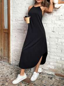 SHEIN LUNE 素色弧形下擺掛脖連衣裙 - 黑色 - 查看 6