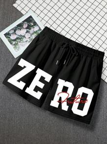 Manfinity Homme 宽松男士字母印花抽绳腰短裤，适合送给丈夫、男朋友的礼物 - 黑色 - 查看 2