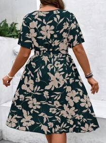 Breezaya 大碼印花繫腰帶連衣裙 - 綠色 - 查看 2