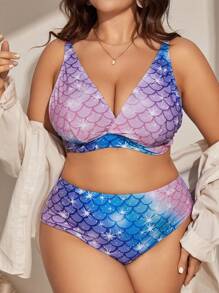 SHEIN Swim Curve 大尺寸魚鱗印花比基尼套裝，夏季沙灘必備 - 彩色 - 查看 1