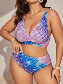 SHEIN Swim Curve 大尺寸魚鱗印花比基尼套裝，夏季沙灘必備 - 彩色 - 查看 3