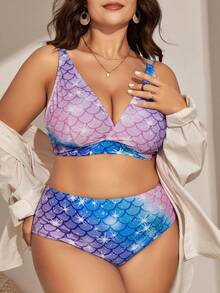 SHEIN Swim Curve 大尺寸魚鱗印花比基尼套裝，夏季沙灘必備 - 彩色 - 查看 4