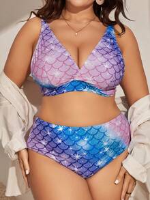 SHEIN Swim Curve 大尺寸魚鱗印花比基尼套裝，夏季沙灘必備 - 彩色 - 查看 5