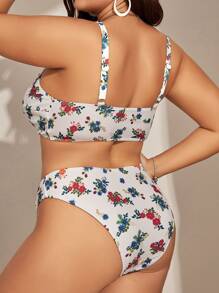 Plus Size Bộ bikini dây rút phía trước in hoa đi biển mùa hè - Nhiều màu - Xem 2