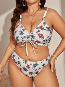 Plus Size Bộ bikini dây rút phía trước in hoa đi biển mùa hè - Nhiều màu - Xem 4