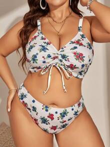 Plus Size Bộ bikini dây rút phía trước in hoa đi biển mùa hè - Nhiều màu - Xem 5