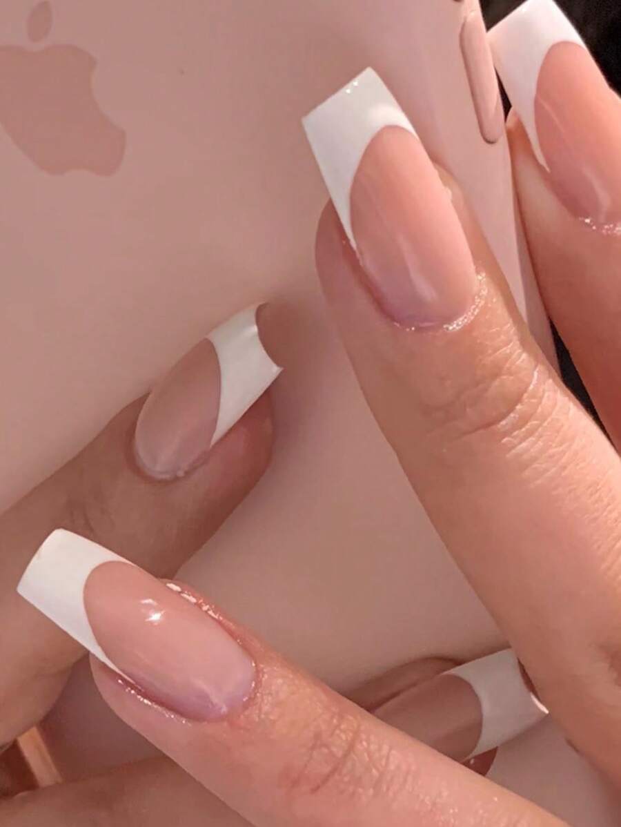 24pcs Long Square White French Manicure Nails, Simple Summer Style Wear With 1pc File And 1pc Gel Glue, Suitable For Women Dates & Daily Wear - Multicolor - View 1