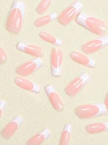 24pcs Long Square White French Manicure Nails, Simple Summer Style Wear With 1pc File And 1pc Gel Glue, Suitable For Women Dates & Daily Wear - Multicolor - View 3