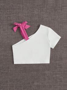 SHEIN Tops con gái lớn Thắt nút Bất đối xứng Lá thư Con số Giải trí - Hồng - Xem 2