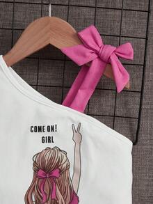 SHEIN Tops con gái lớn Thắt nút Bất đối xứng Lá thư Con số Giải trí - Hồng - Xem 3