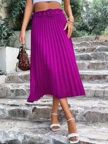 SHEIN Privé Solid Belted Pleated Skirt - Purple - View 4