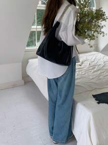 Túi tote đeo vai có dây xích tối giản Màu trơn - màu đen - Xem 3