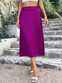 SHEIN Privé Solid Belted Pleated Skirt - Purple - View 7