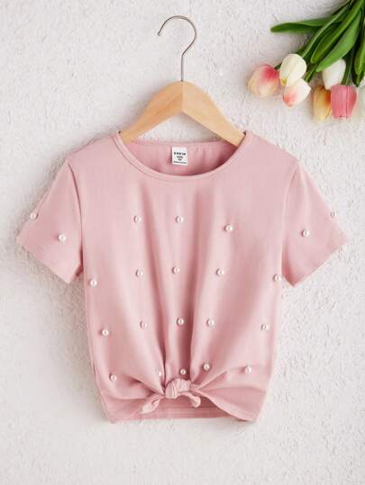 SHEIN Tween Girl Plain Casual Round Neck Short Sleeve Beaded Decor Twist T-Shirt