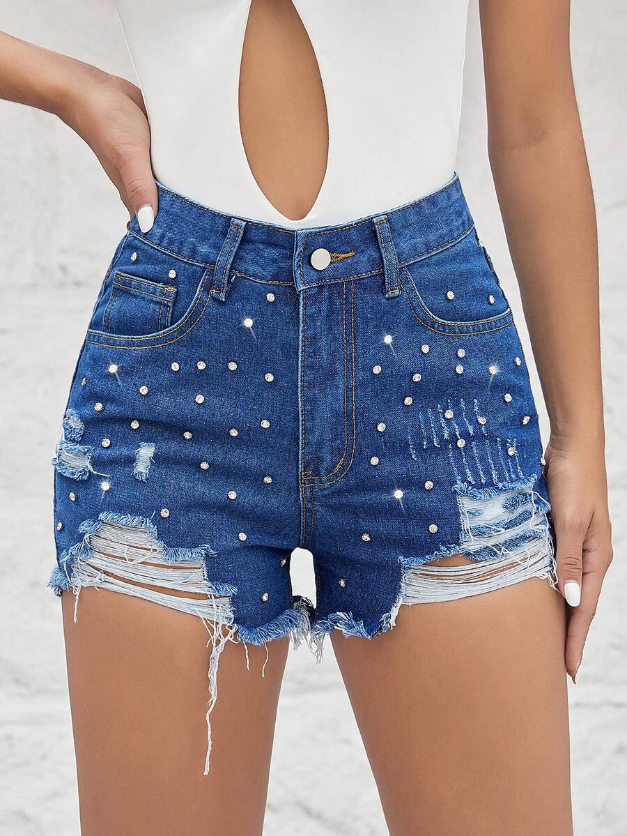 Pearls Beaded Ripped Raw Hem  Shorts - Dark Wash - View 1