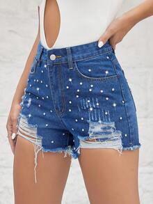 Pearls Beaded Ripped Raw Hem  Shorts - Dark Wash - View 4