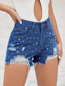 Pearls Beaded Ripped Raw Hem  Shorts - Dark Wash - View 5