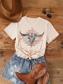 SHEIN LUNE Camiseta ganado con estampado - Albaricoque - Ver 1