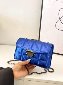 Mini Quilted Flap Chain Square Bag Metallic - Blue - View 1