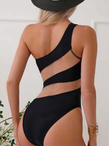 SHEIN Swim 網紗拼接單肩連體泳衣 - 黑色 - 查看 2