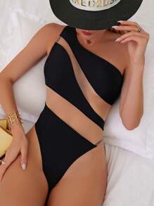 SHEIN Swim 網紗拼接單肩連體泳衣 - 黑色 - 查看 3