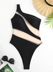 SHEIN Swim 網紗拼接單肩連體泳衣 - 黑色 - 查看 4