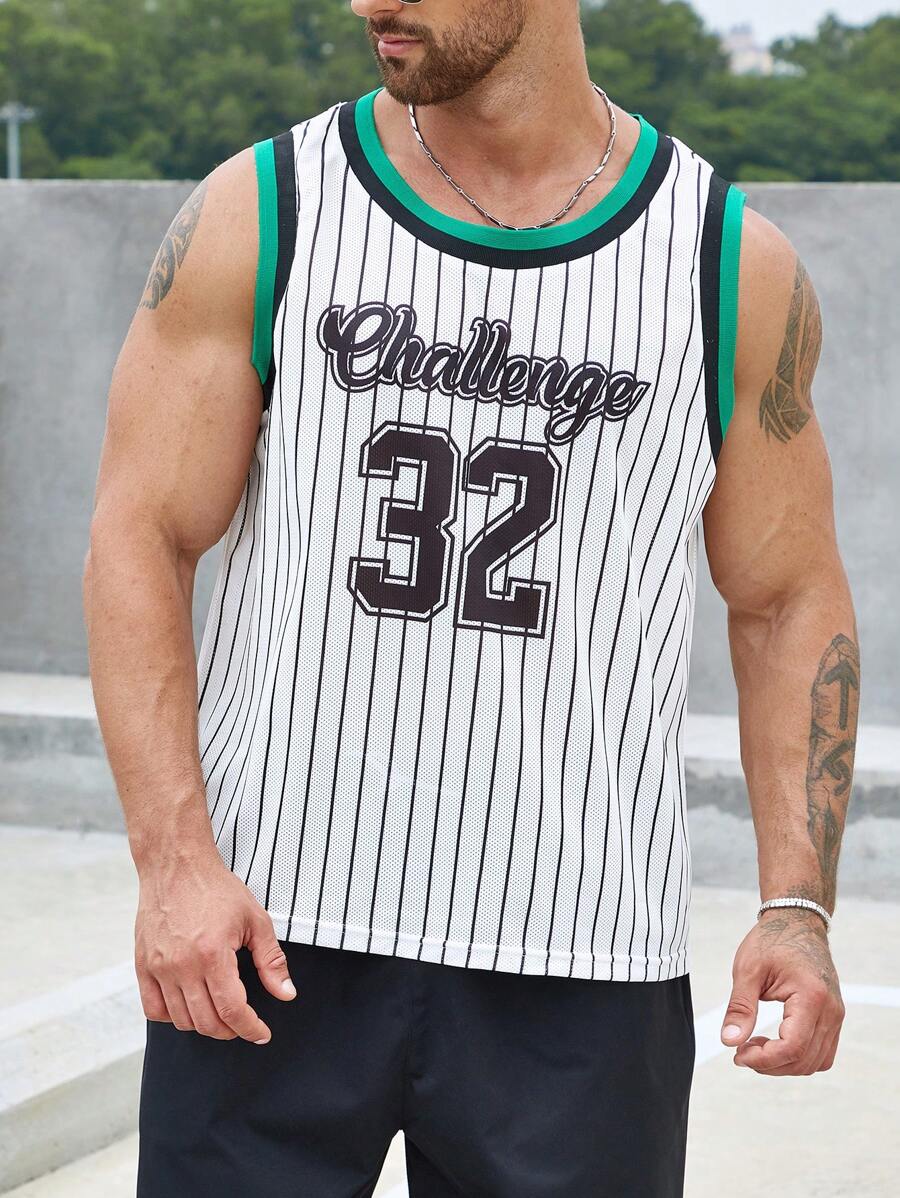 Aesthetic Post--Men Plus Striped & Letter Graphic Contrast Trim Basketball Jersey - White - View 1