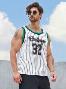 Aesthetic Post--Men Plus Striped & Letter Graphic Contrast Trim Basketball Jersey - White - View 3