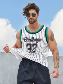 Aesthetic Post--Men Plus Striped & Letter Graphic Contrast Trim Basketball Jersey - White - View 4