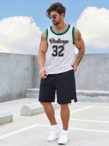 Aesthetic Post--Men Plus Striped & Letter Graphic Contrast Trim Basketball Jersey - White - View 5