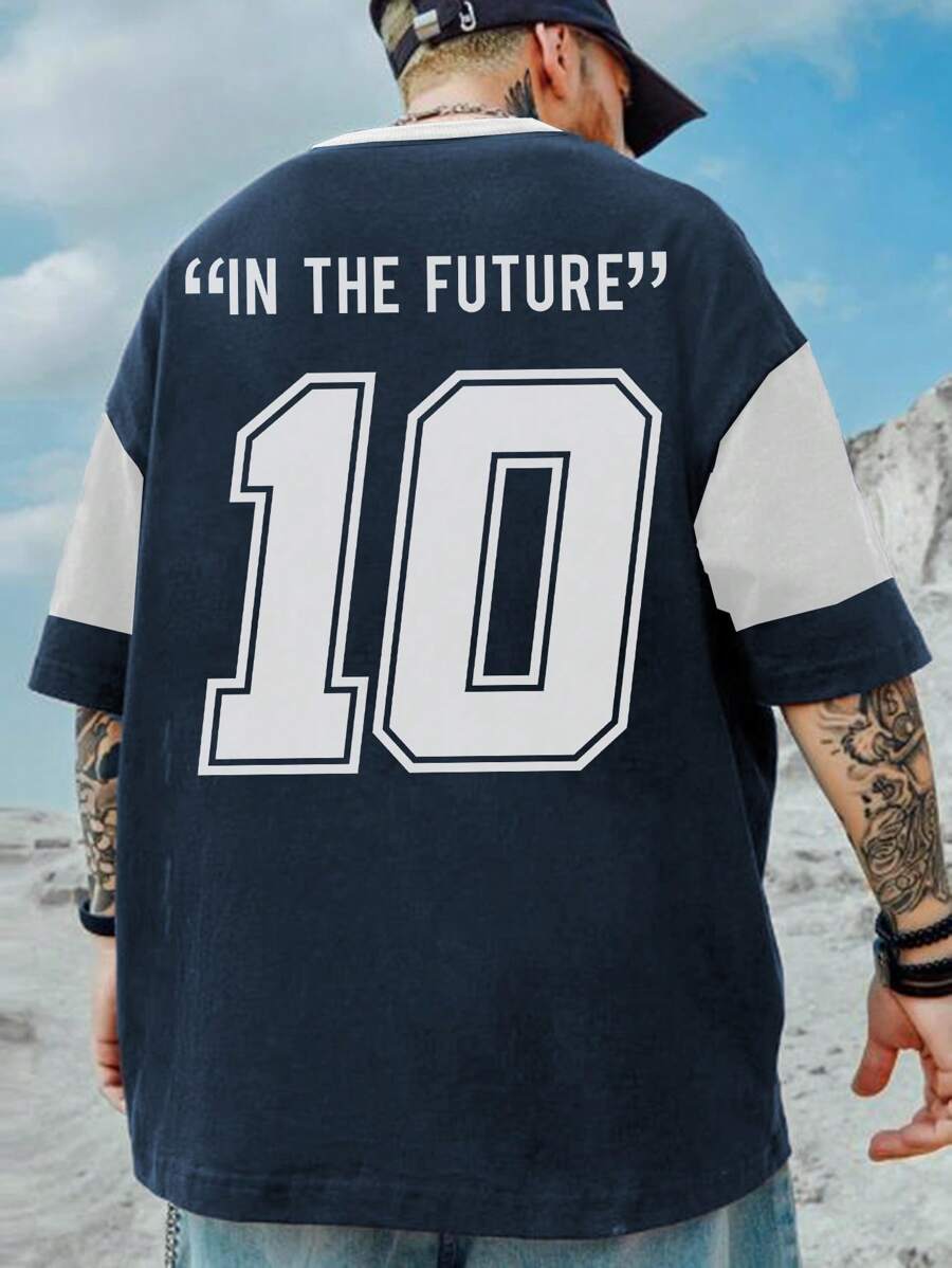 Aesthetic Post 男士字母圖案雙色落肩T恤 - 藏蓝色 - 查看 1