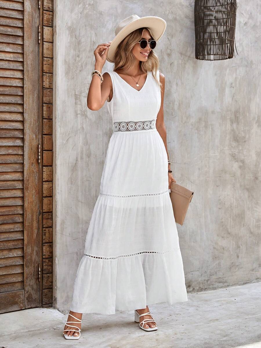 SHEIN VCAY Vestido con encaje de manga con volante - Blanco - Ver 1