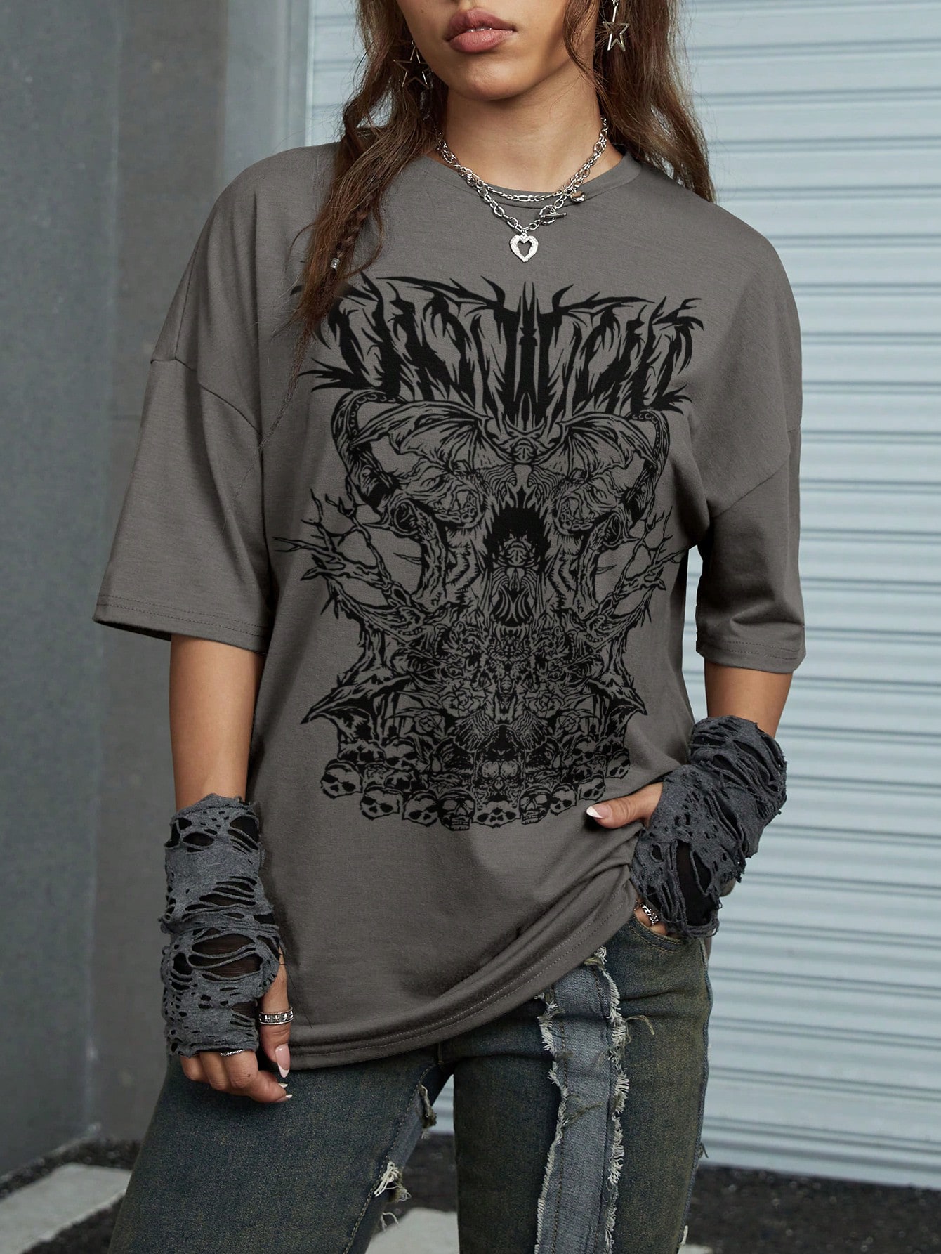 Our Grunge Punk Letter Skull Graphic Drop Shoulder Tee, School is