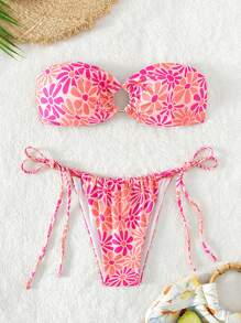 Floral Print Bandeau Bikini Set For Summer Beach - Multicolor - View 4