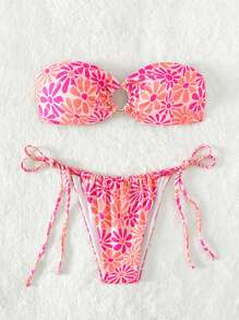 Floral Print Bandeau Bikini Set For Summer Beach - Multicolor - View 6