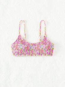 Swim Mod Summer Beach Floral Print Smocked Bikini Top - Multicolor - View 1
