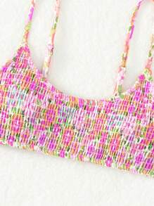 Swim Mod Summer Beach Floral Print Smocked Bikini Top - Multicolor - View 7