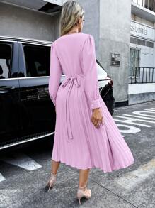 SHEIN Privé Solid Lantern Sleeve Pleated Hem A-Line Dress - Lilac Purple - View 2