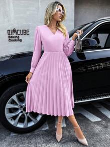 SHEIN Privé Solid Lantern Sleeve Pleated Hem A-Line Dress - Lilac Purple - View 3