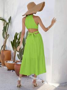 SHEIN VCAY Solid Ruffle Hem Halter Dress - Green - View 2