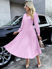 SHEIN Privé Solid Lantern Sleeve Pleated Hem A-Line Dress - Lilac Purple - View 5