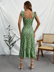 GENKIRA Ditsy Floral Print Ruffle Trim Split Thigh Dress - Multicolor - View 2