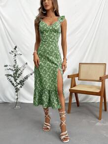 GENKIRA Ditsy Floral Print Ruffle Trim Split Thigh Dress - Multicolor - View 3