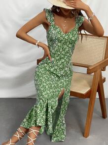 GENKIRA Ditsy Floral Print Ruffle Trim Split Thigh Dress - Multicolor - View 7