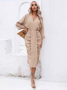 SHEIN Privé Vestido unicolor de manga murciélago fruncido - Caqui - Ver 4