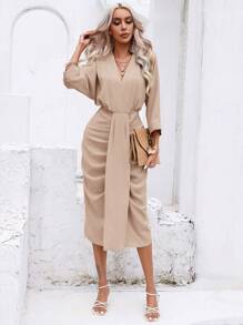 SHEIN Privé Vestido unicolor de manga murciélago fruncido - Caqui - Ver 5