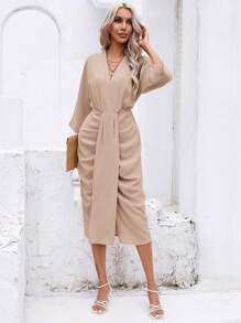 SHEIN Privé Vestido unicolor de manga murciélago fruncido - Caqui - Ver 6