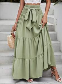 SHEIN VCAY 前繫帶荷葉邊腰帶半身裙 - 綠色 - 查看 1